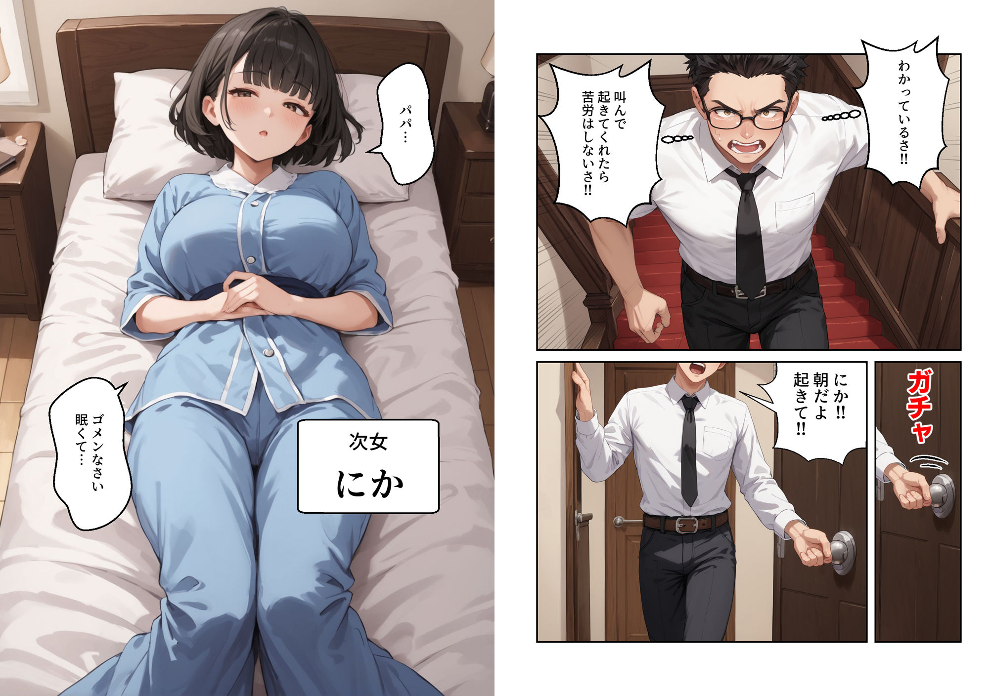 d_430554【同人誌価格比較】シングルファザーの3姉妹目覚ましチンポ挿入【マンガ】